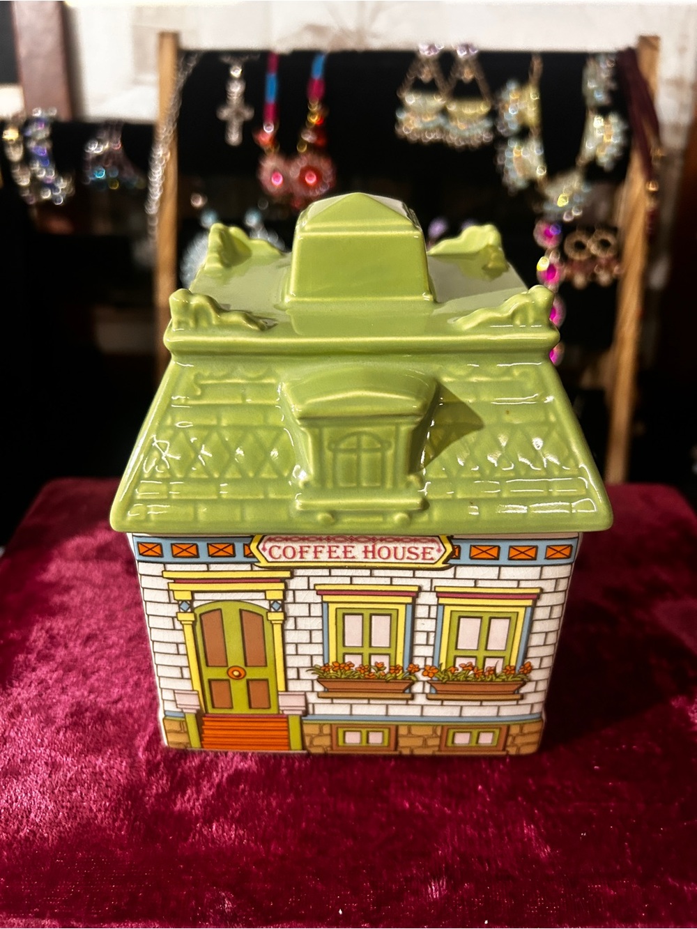 Avon Green Ceramic Coffee House Cookie Jar